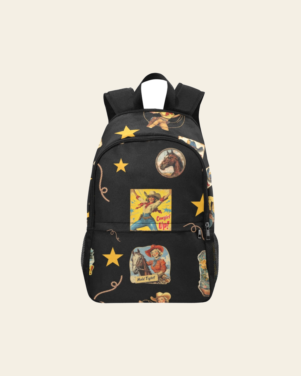Baha Ranch Vintage Cowgirl Collage Backpack on a warm cream background