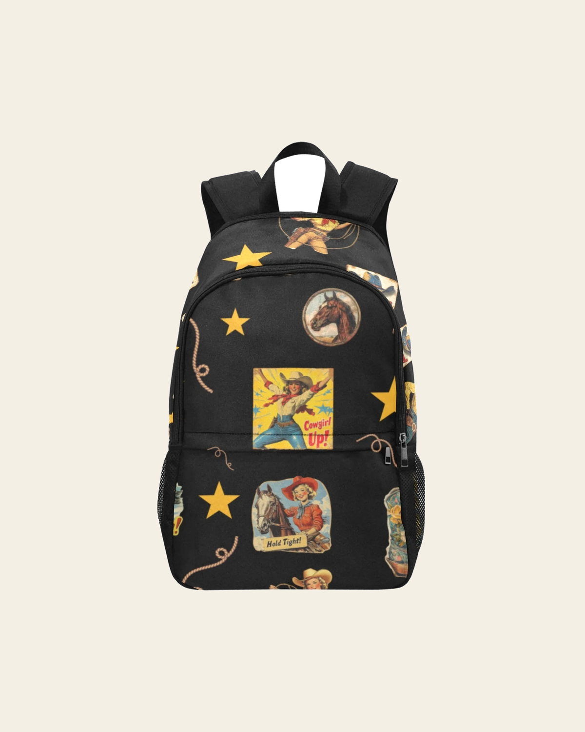 Baha Ranch Vintage Cowgirl Collage Backpack on a warm cream background