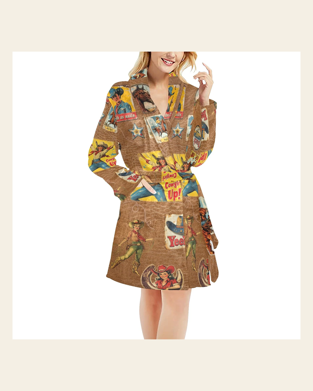 Baha Ranch Vintage Cowgirl Collage Bath Robe on a warm cream background