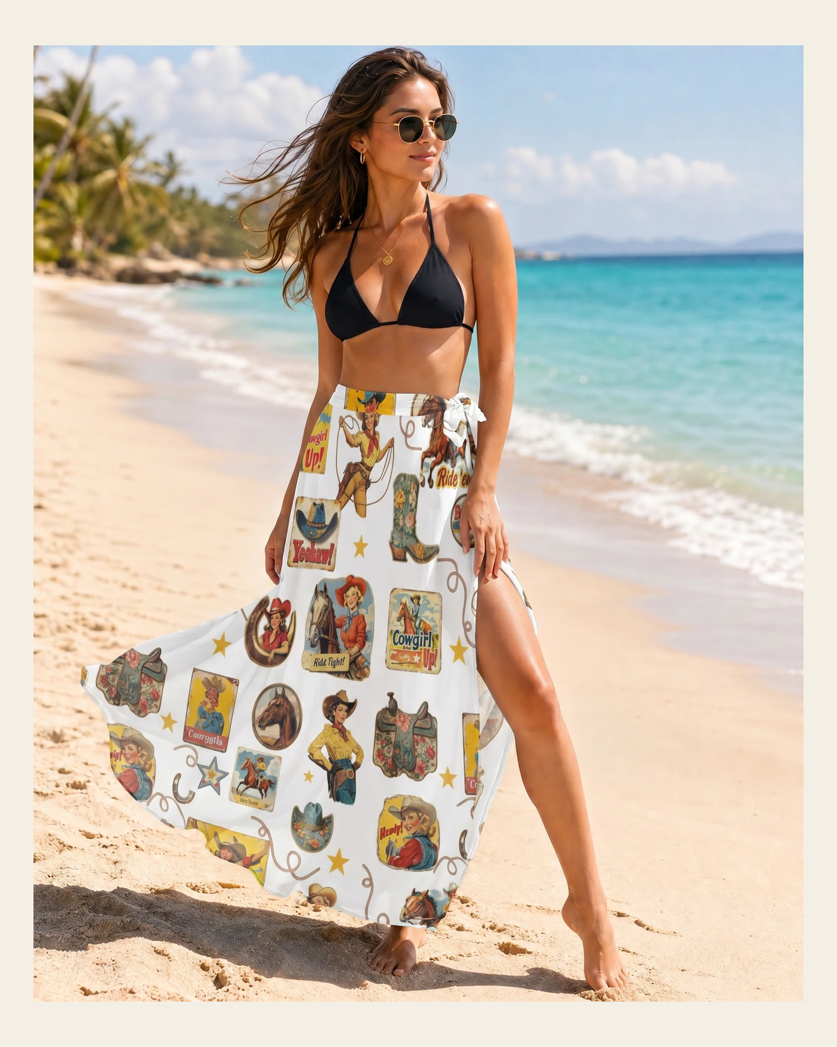 Baha Ranch Vintage Cowgirl Collage Beach Coverup Skirt on a warm cream background