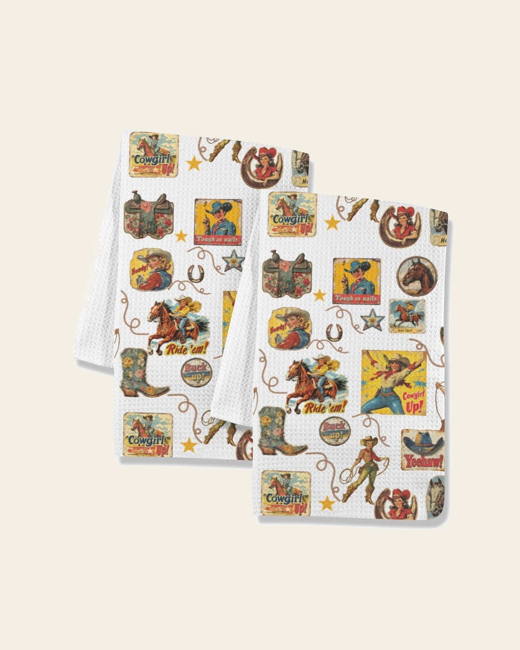 Baha Ranch Vintage Cowgirl Collage Dish Towels Set of 2 Made in America on a warm cream background