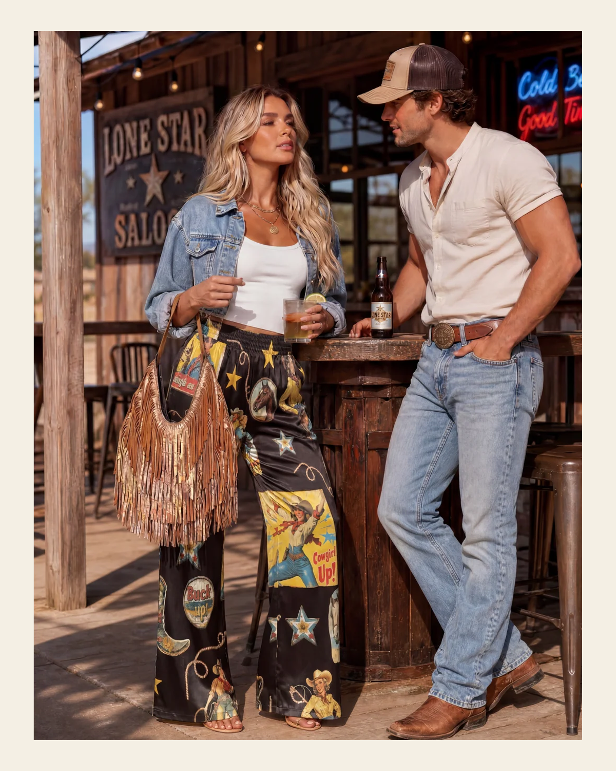 Baha Ranch Vintage Cowgirl Collage High Waisted Wide Leg Pants Inclusive Sizing on a warm cream background
