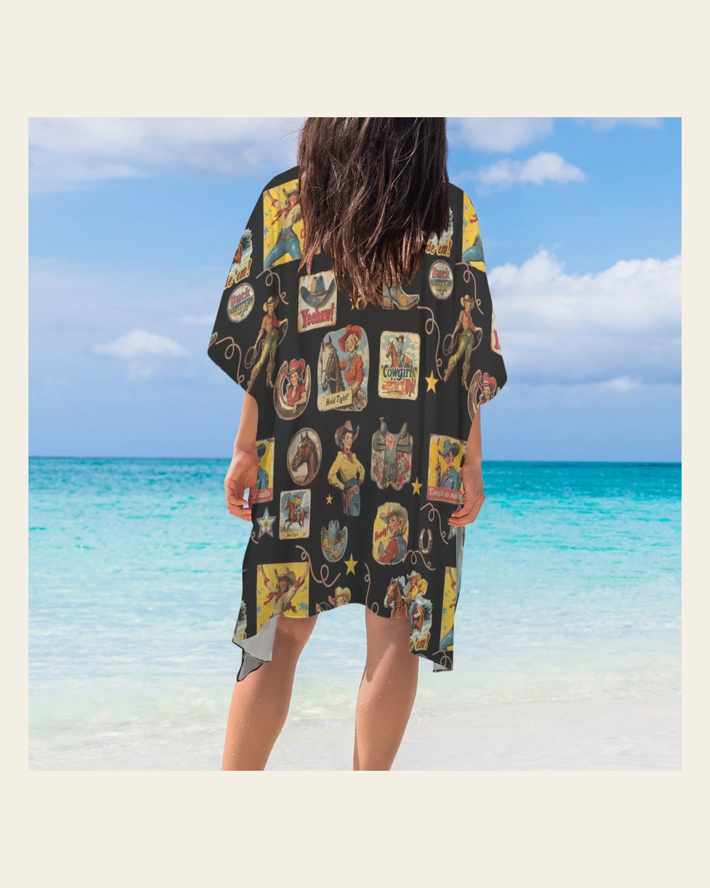 Baha Ranch Vintage Cowgirl Collage Kimono Coverup Duster on a warm cream background