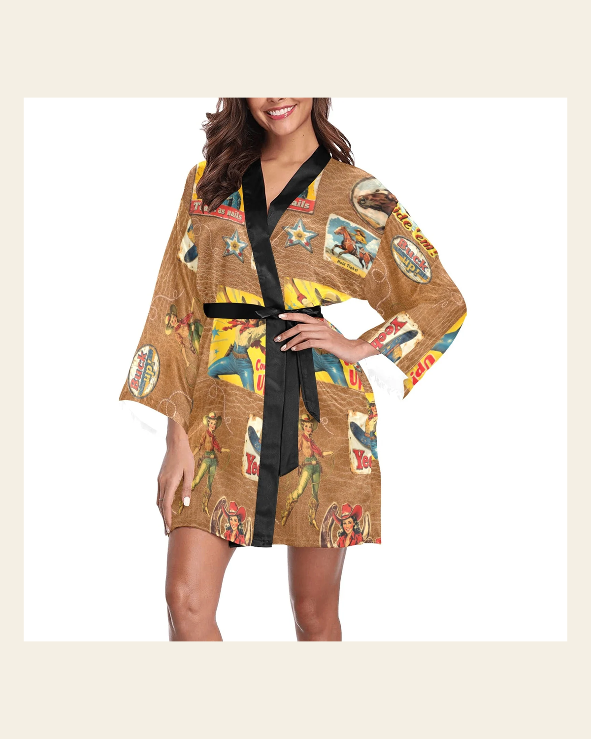 Baha Ranch Vintage Cowgirl Collage Kimono Satin Robe on a warm cream background
