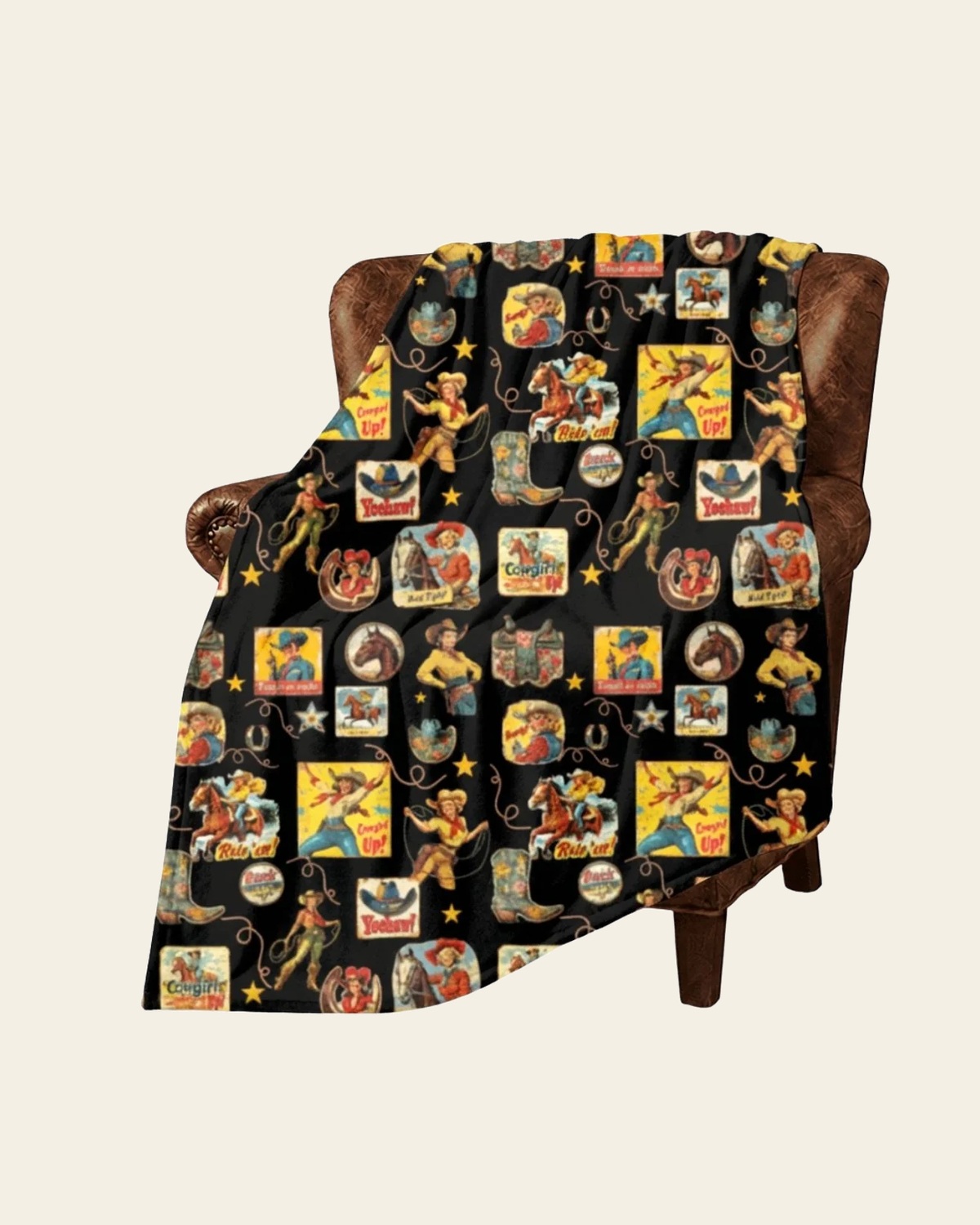 Baha Ranch Vintage Cowgirl Collage Micro Fleece Throw Blanket 60" x 80" Made in America on a warm cream background