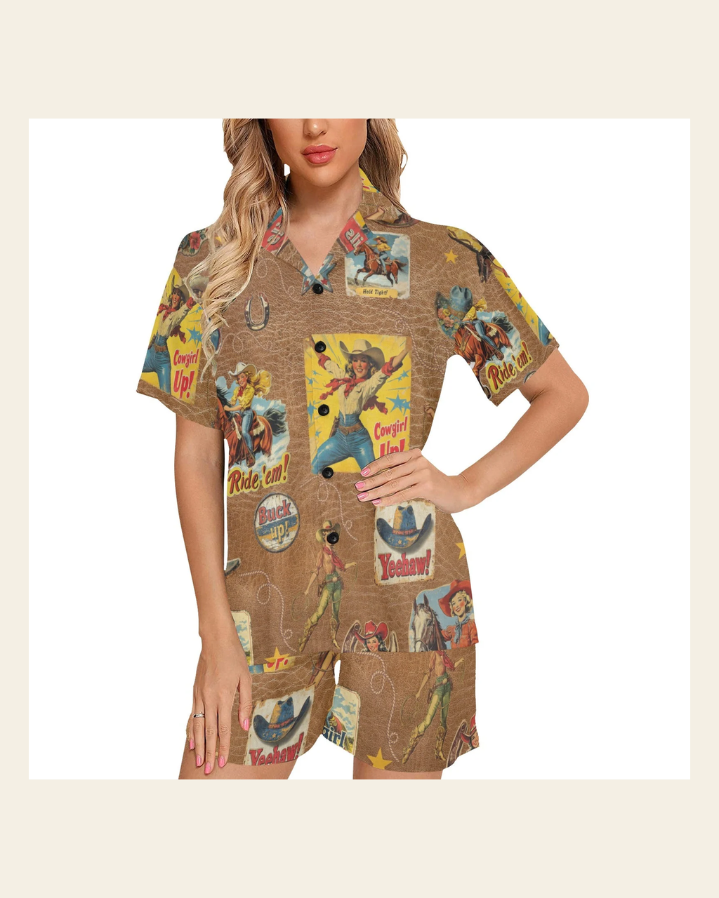 Baha Ranch Vintage Cowgirl Collage Pajama Set on a warm cream background