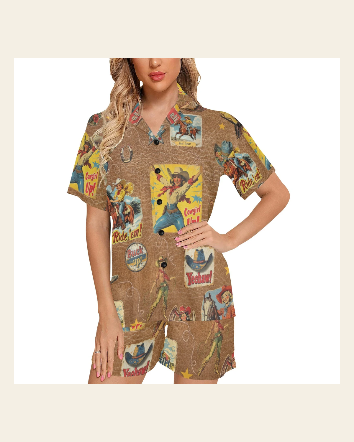 Baha Ranch Vintage Cowgirl Collage Pajama Set on a warm cream background