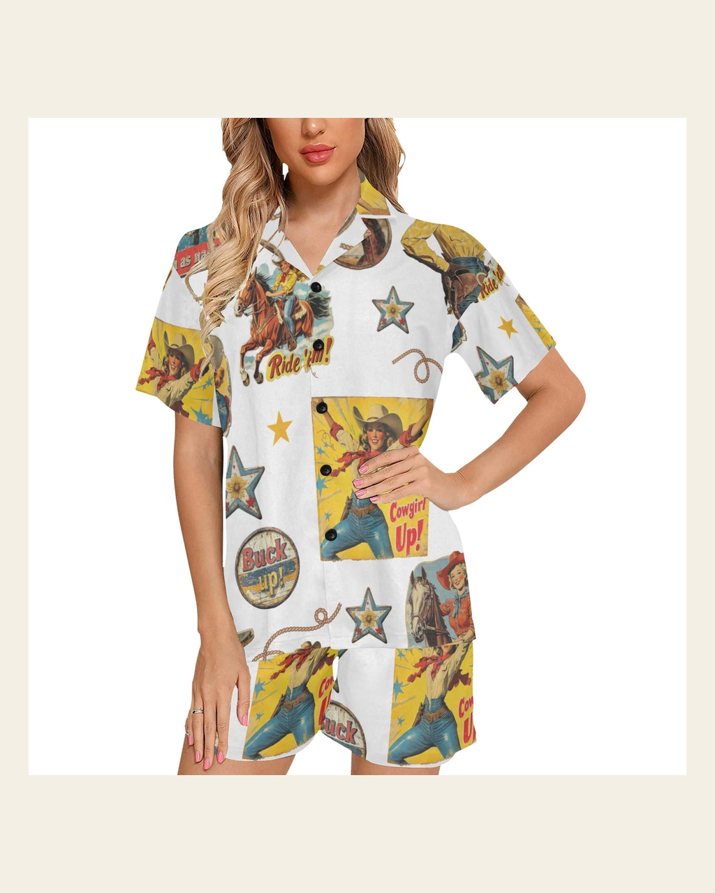 Baha Ranch Vintage Cowgirl Collage Pajama Set on a warm cream background