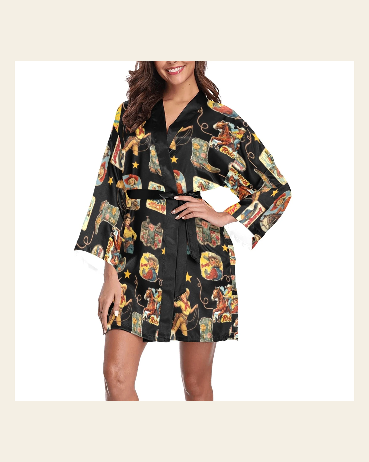 Baha Ranch Vintage Cowgirl Collage Satin Kimono Sleeve Robe on a warm cream background