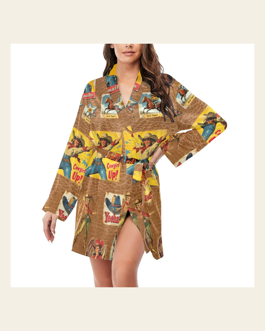 Baha Ranch Vintage Cowgirl Collage Satin Robe on a warm cream background