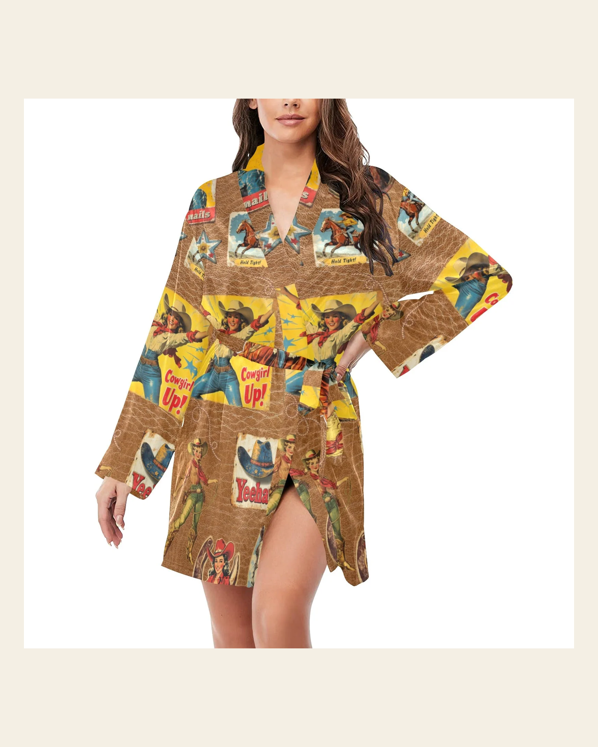Baha Ranch Vintage Cowgirl Collage Satin Robe on a warm cream background