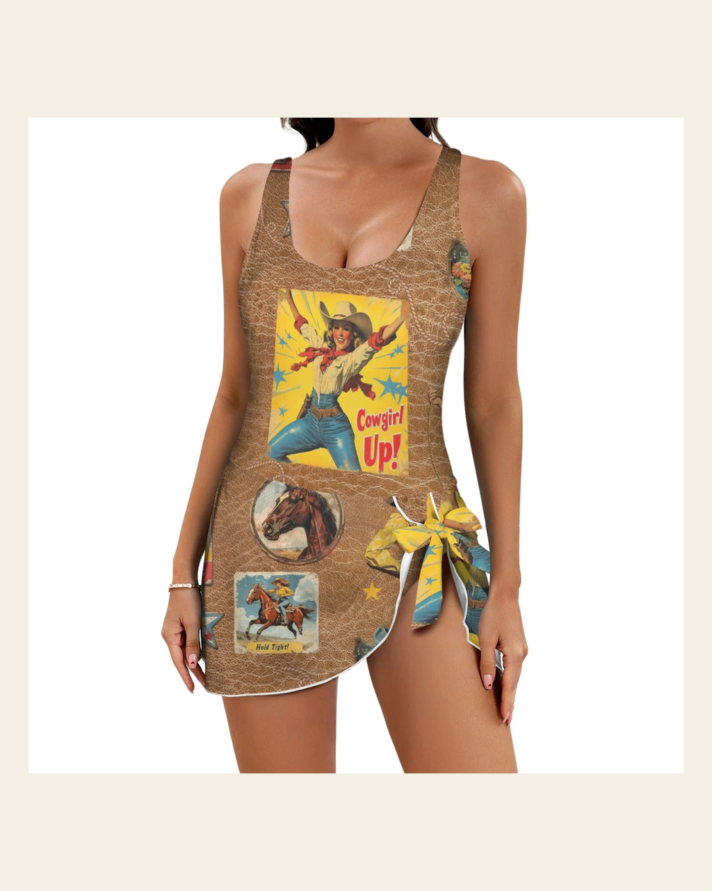 Baha Ranch Vintage Cowgirl Collage Skirted Swim Suit on a warm cream background