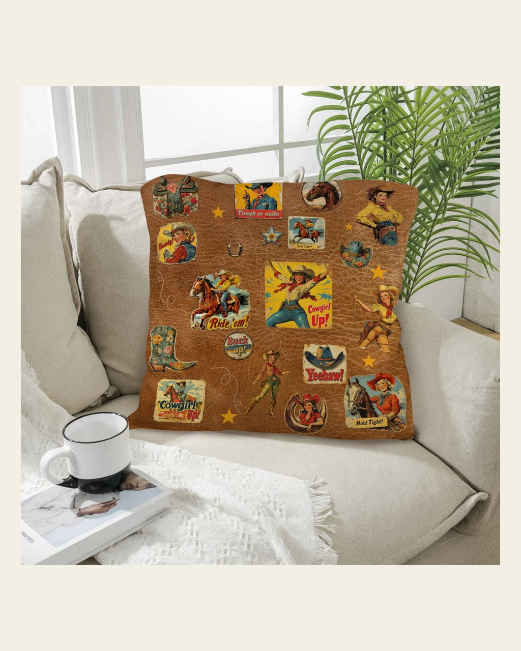 Baha Ranch Vintage Cowgirl Collage Square Pillow Case 18x18 Made in America on a warm cream background