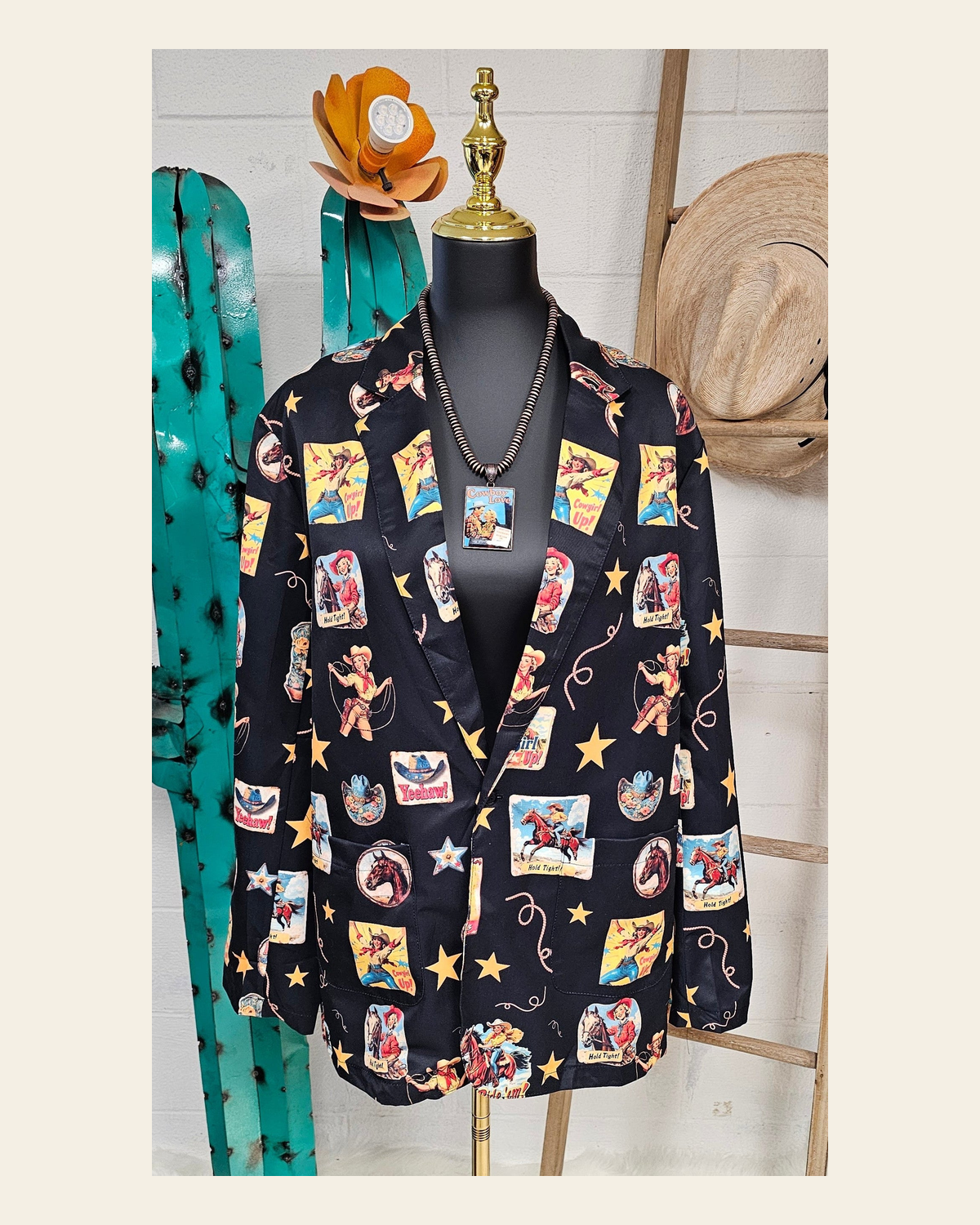 Baha Ranch Vintage Cowgirl Collage Western Blazer on a warm cream background