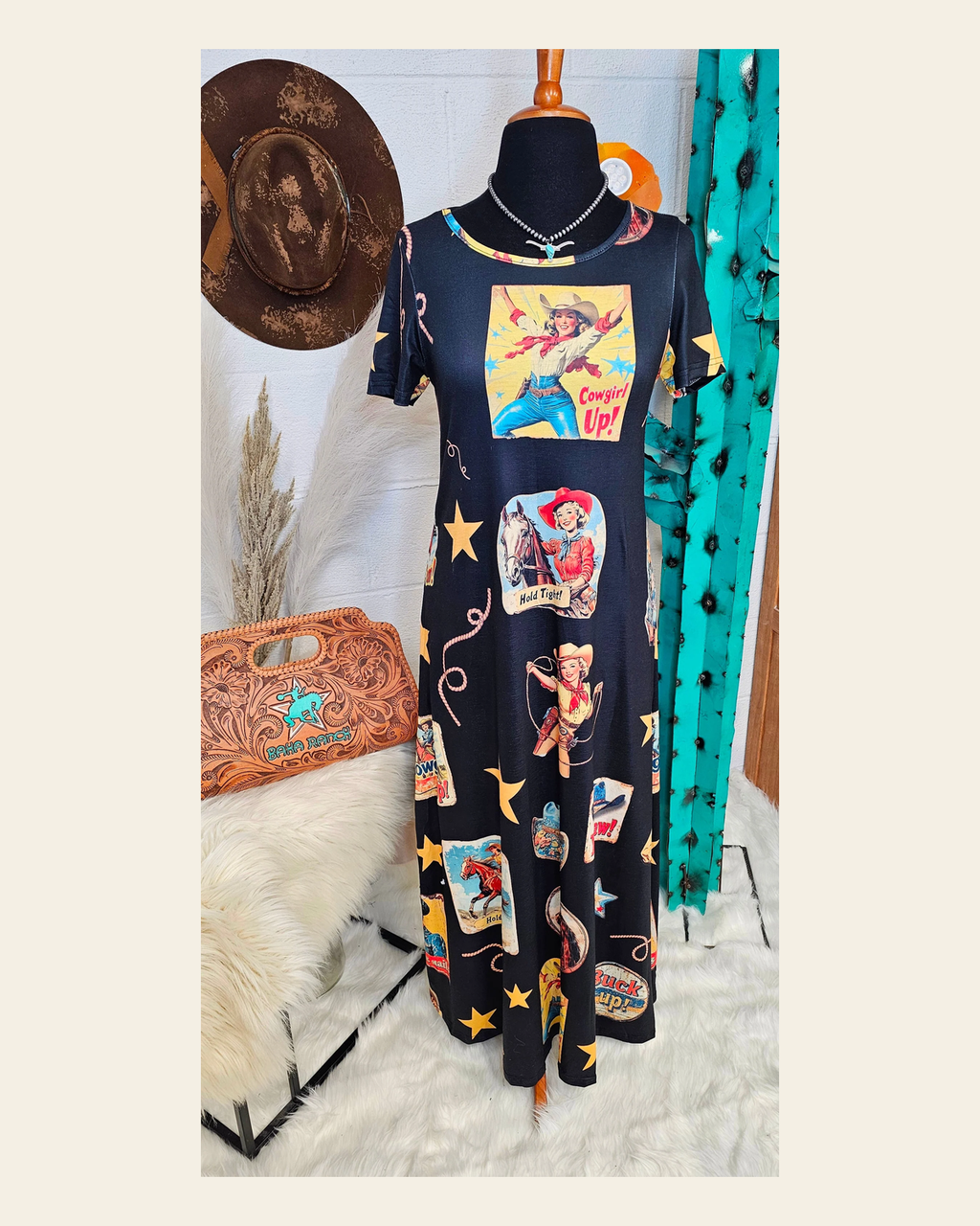 Baha Ranch Vintage Cowgirl Collage Western Dress on a warm cream background