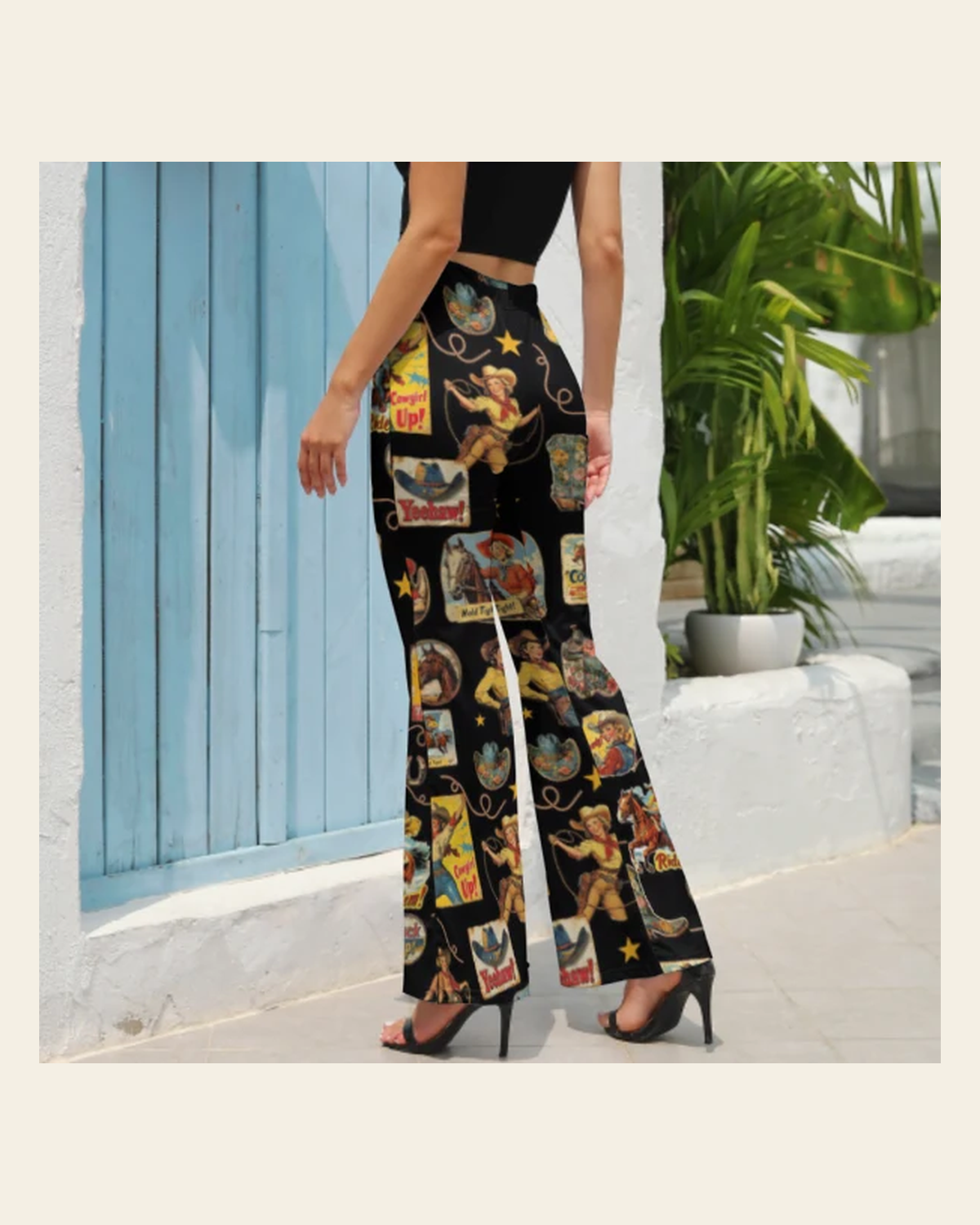 Baha Ranch Vintage Cowgirl Collage Western Flare Pants on a warm cream background