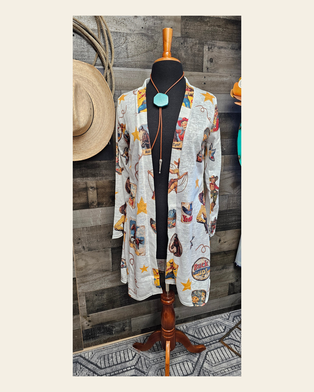 Baha Ranch Vintage Cowgirl Collage Western Lightweight Cardigan on a warm cream background