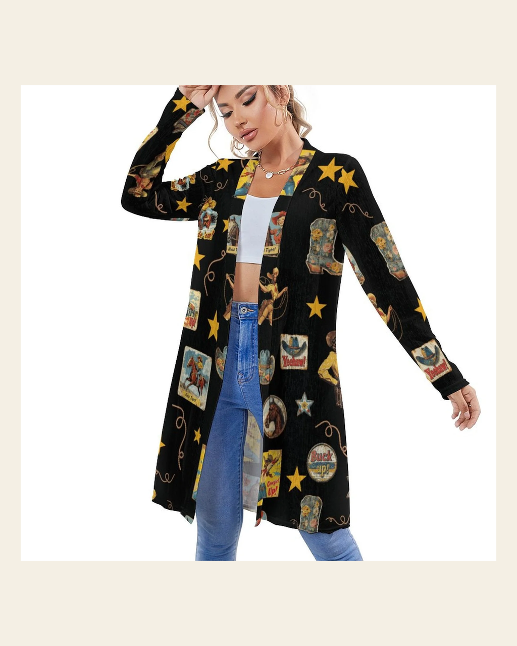 Baha Ranch Vintage Cowgirl Collage Western Lightweight Cardigan on a warm cream background