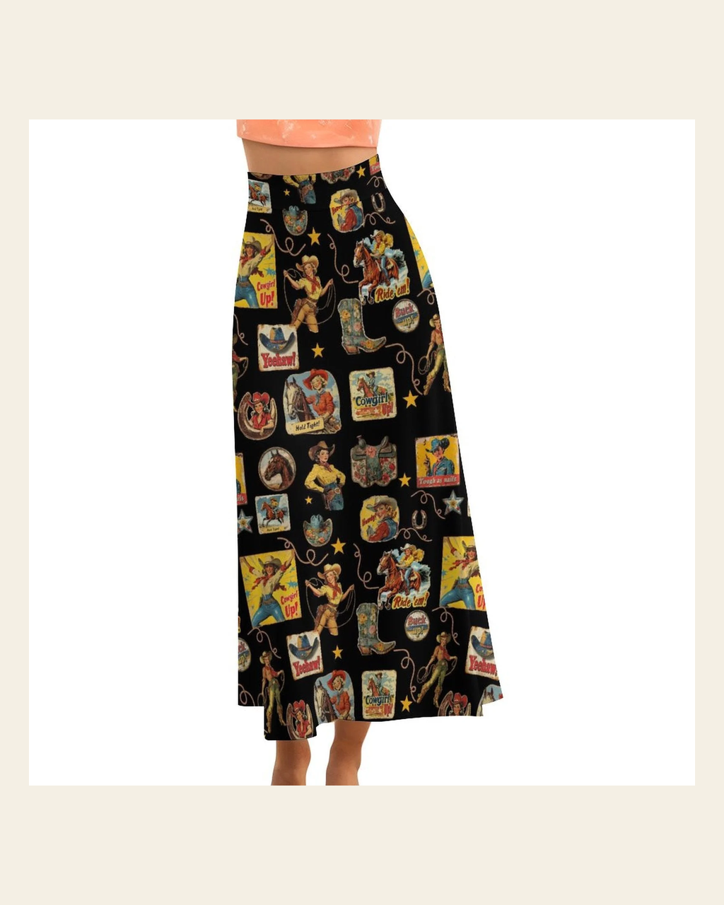 Baha Ranch Vintage Cowgirl Collage Western Maxi Skirt on a warm cream background