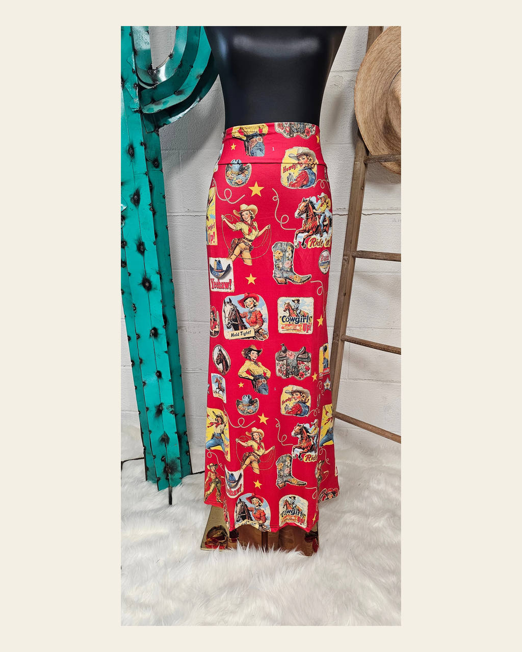 Baha Ranch Vintage Cowgirl Collage Western Maxi Skirt on a warm cream background