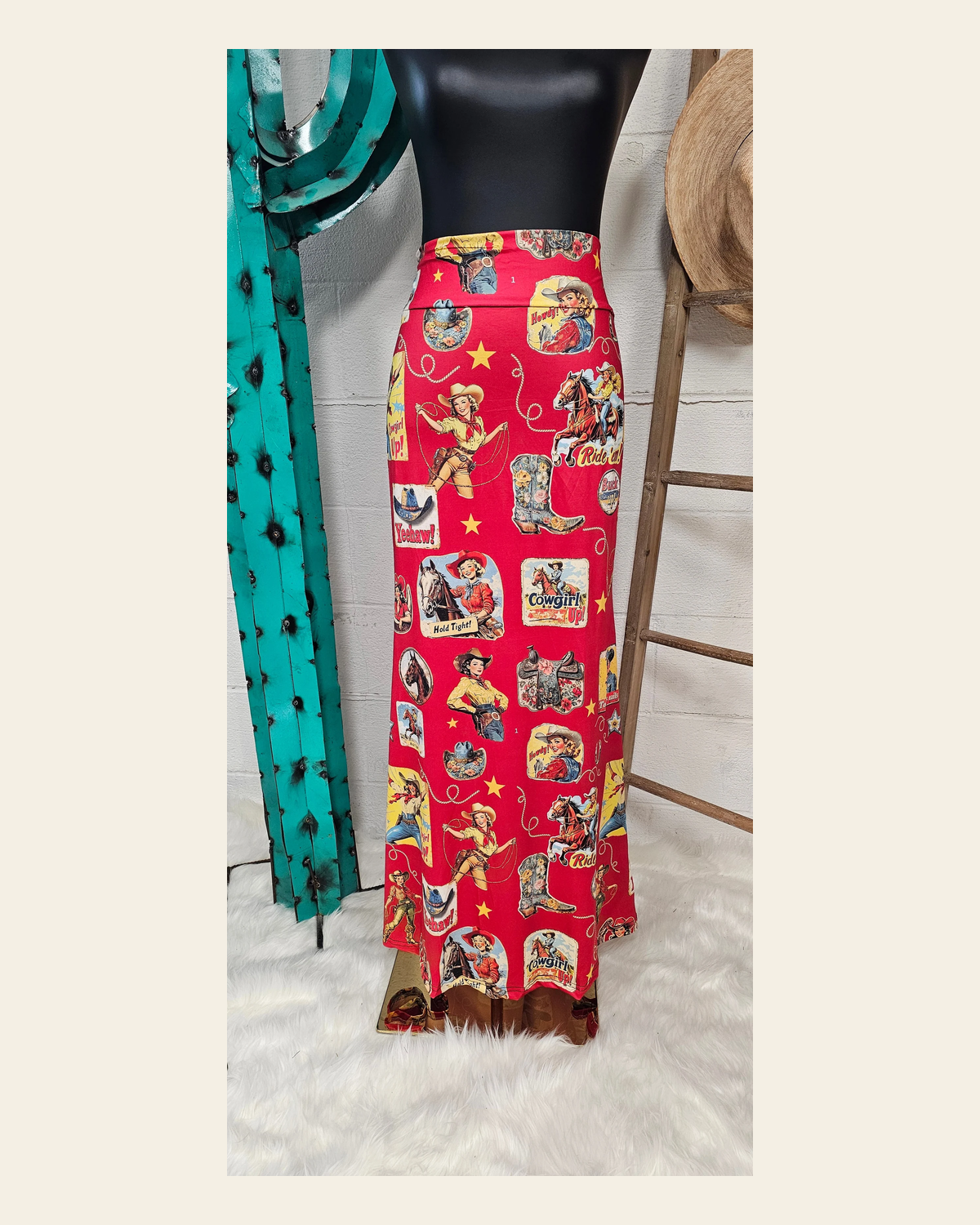 Baha Ranch Vintage Cowgirl Collage Western Maxi Skirt on a warm cream background