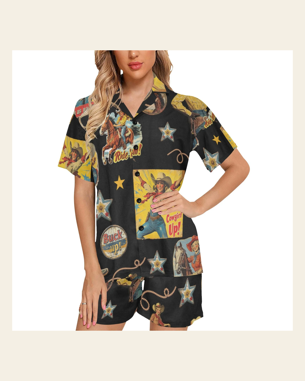 Baha Ranch Vintage Cowgirl Collage Western Pajama Set on a warm cream background