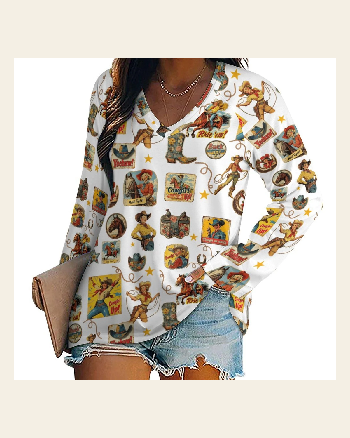 Baha Ranch Vintage Cowgirl Collage Western Print Long Sleeve Top on a warm cream background