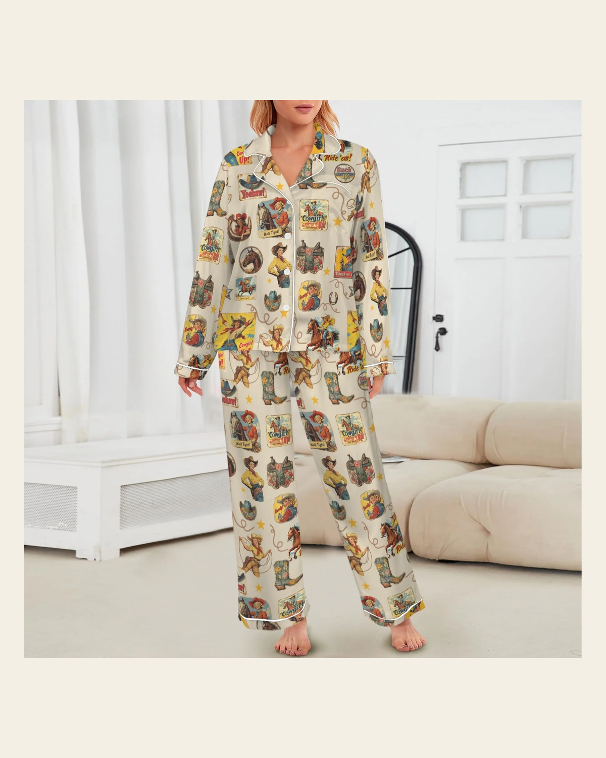 Baha Ranch Vintage Cowgirl Collage Western Rodeo Satin Pajamas on a warm cream background
