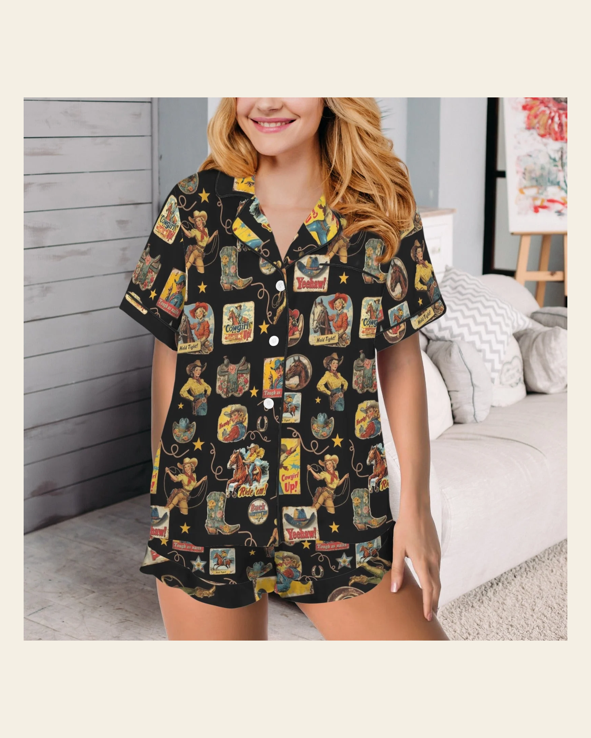 Baha Ranch Vintage Cowgirl Collage Western Ruffle Satin Pajama Set on a warm cream background