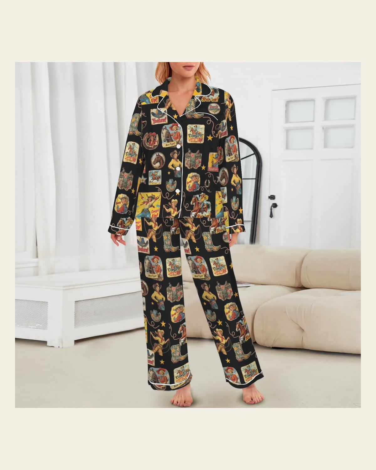 Baha Ranch Vintage Cowgirl Collage Western Satin Pajamas on a warm cream background