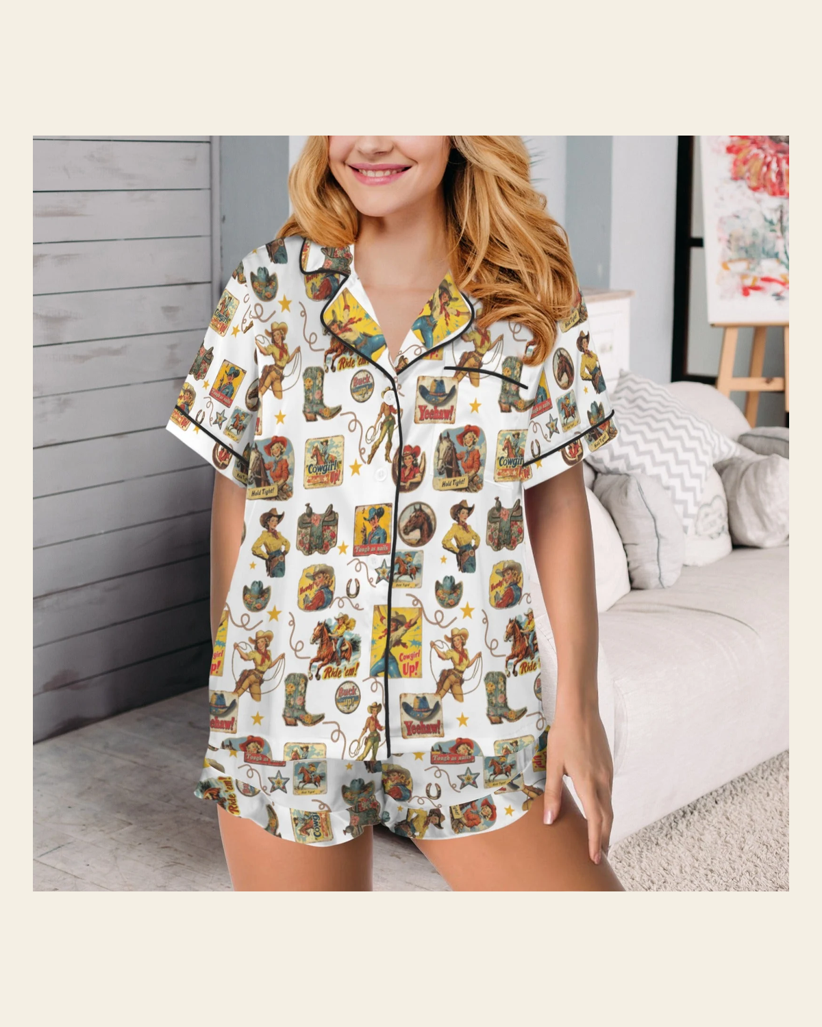 Baha Ranch Vintage Cowgirl Collage Western Satin Ruffle Pajama Set on a warm cream background