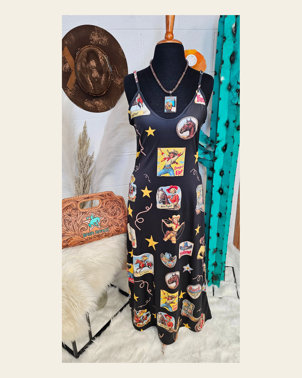 Baha Ranch Vintage Cowgirl Collage Western Sun Dress on a warm cream background