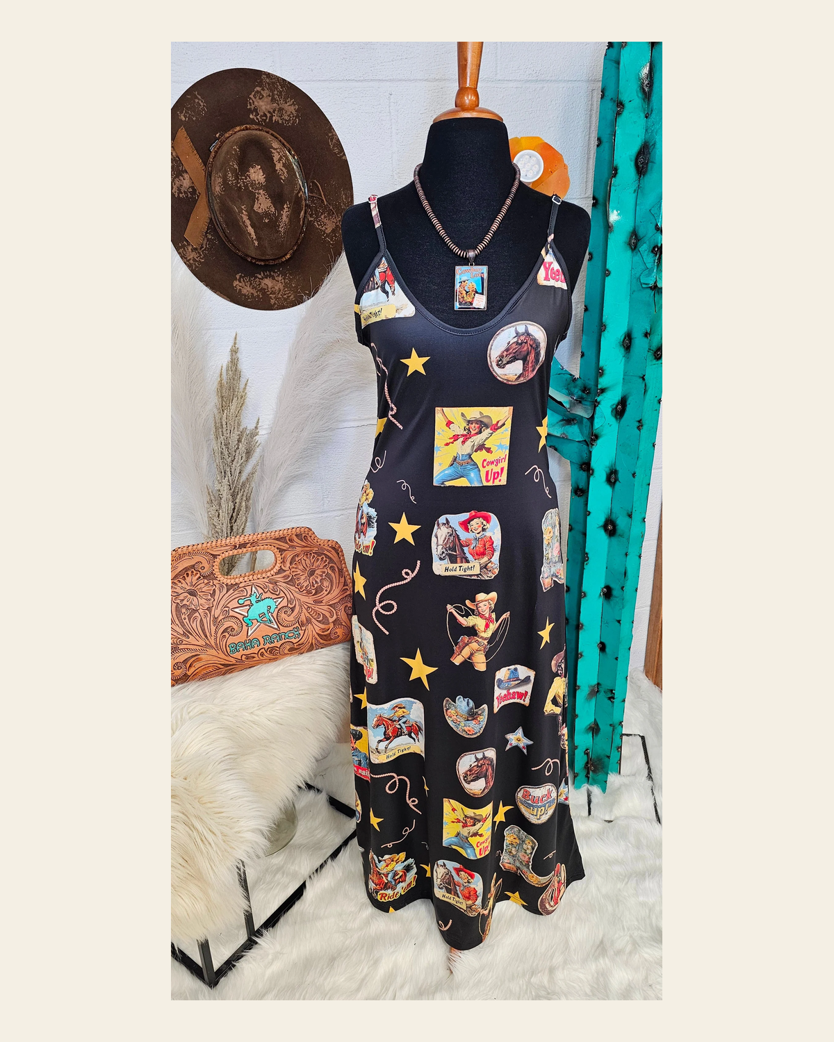 Baha Ranch Vintage Cowgirl Collage Western Sun Dress on a warm cream background