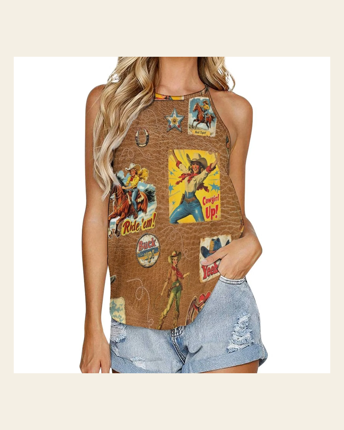 Baha Ranch Vintage Cowgirl Collage Western Tank Top on a warm cream background