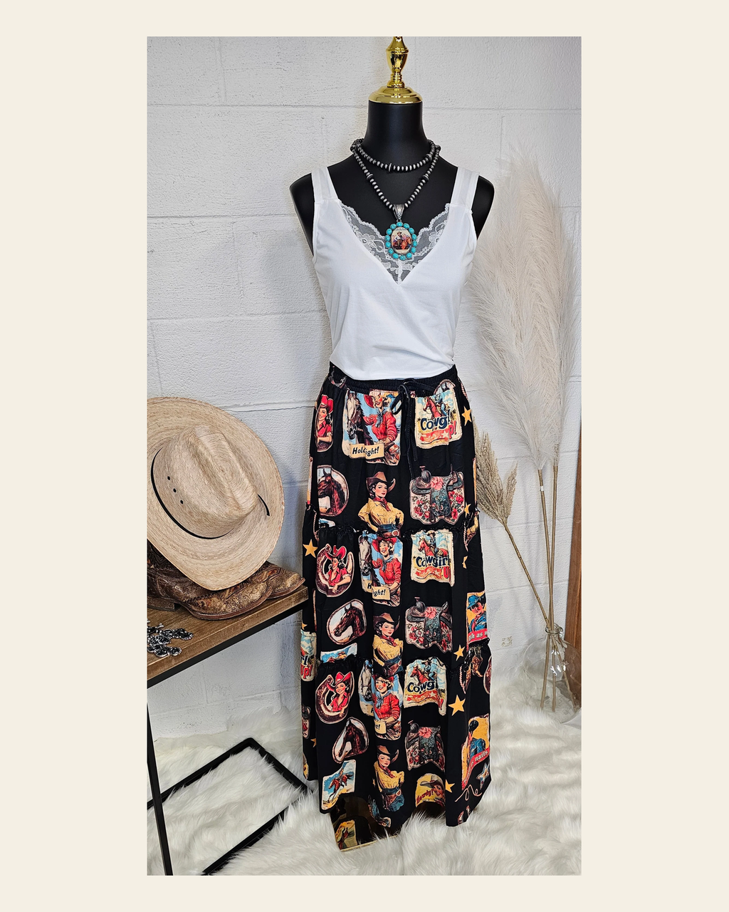 Baha Ranch Vintage Cowgirl Collage Western Tiered Prairie Maxi Skirt on a warm cream background