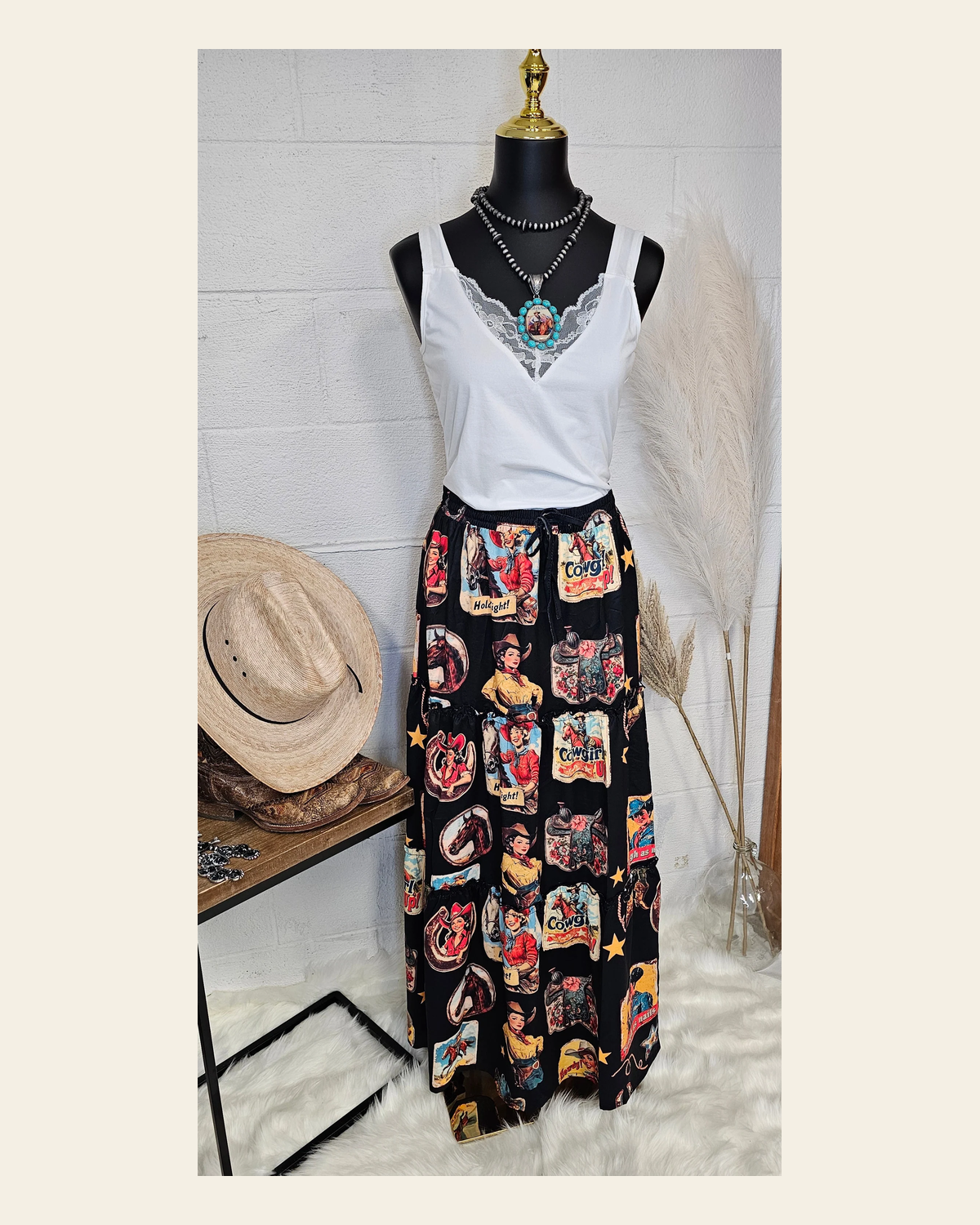 Baha Ranch Vintage Cowgirl Collage Western Tiered Prairie Maxi Skirt on a warm cream background