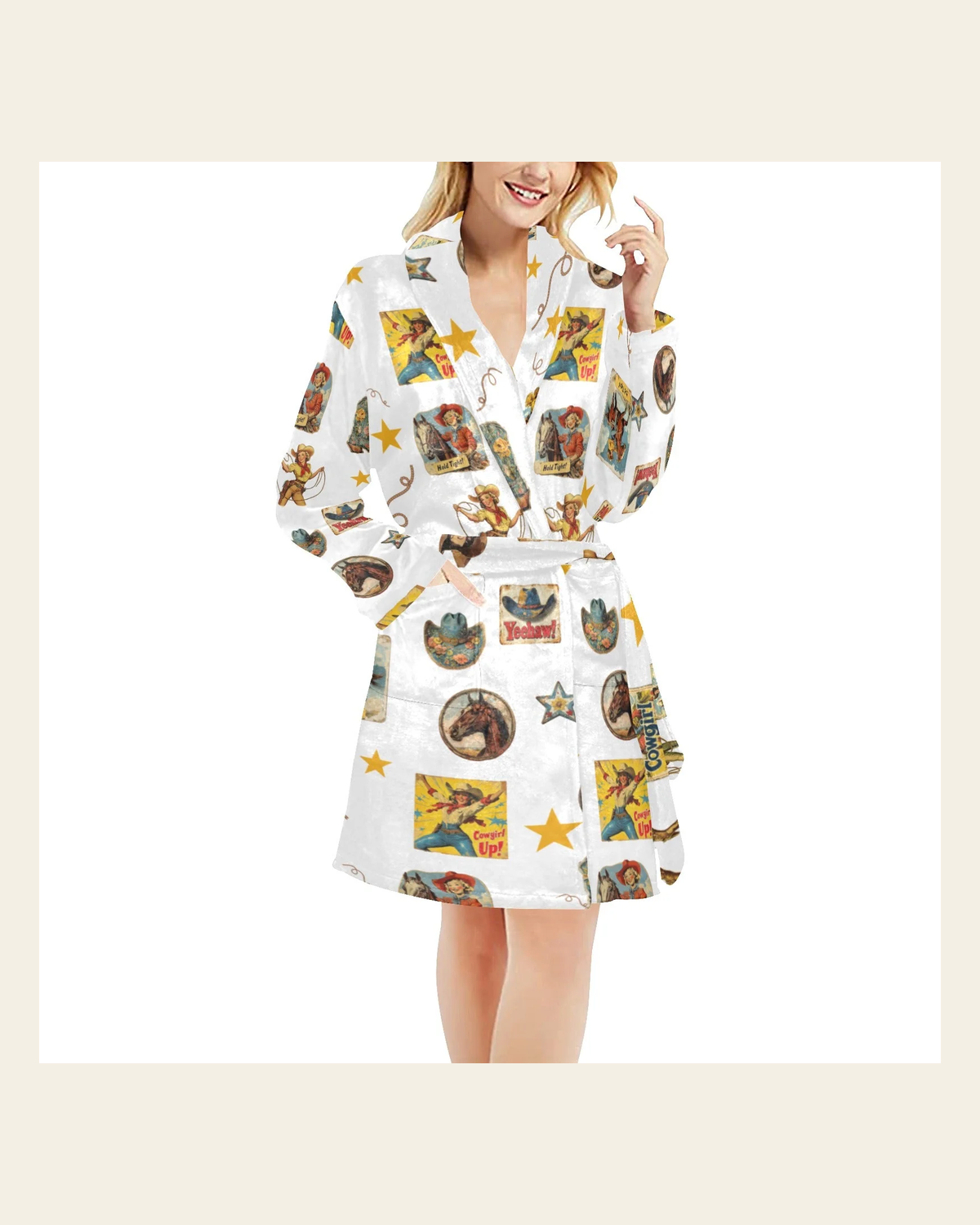 Baha Ranch Vintage Cowgirl Collage Women's Western Bath Robe on a warm cream background