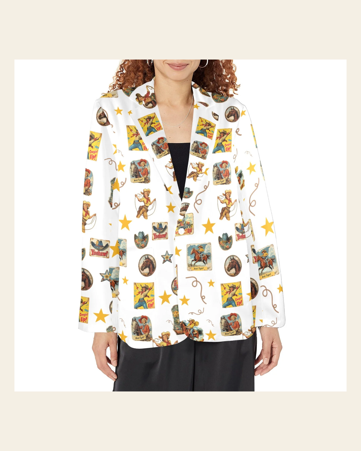 Baha Ranch Vintage Cowgirl Collage Women's Western Blazer in White on a warm cream background
