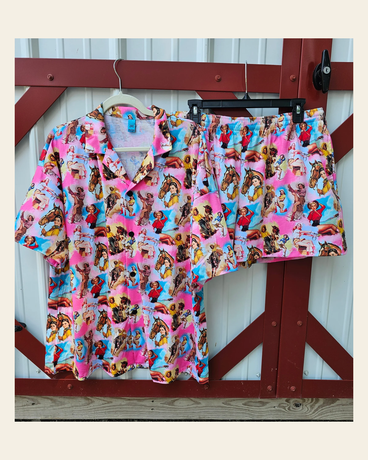 Baha Ranch Vintage Cowgirl Collage Women's Western Pajama Set on a warm cream background
