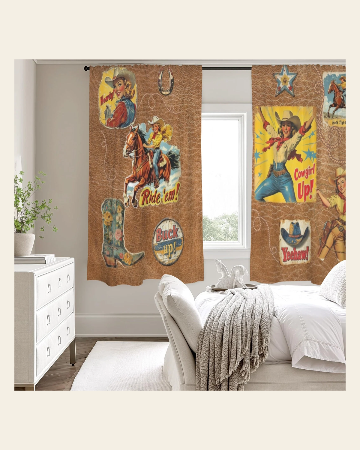 Baha Ranch Vintage Cowgirl Drapes 52" x 63" Made in America on a warm cream background