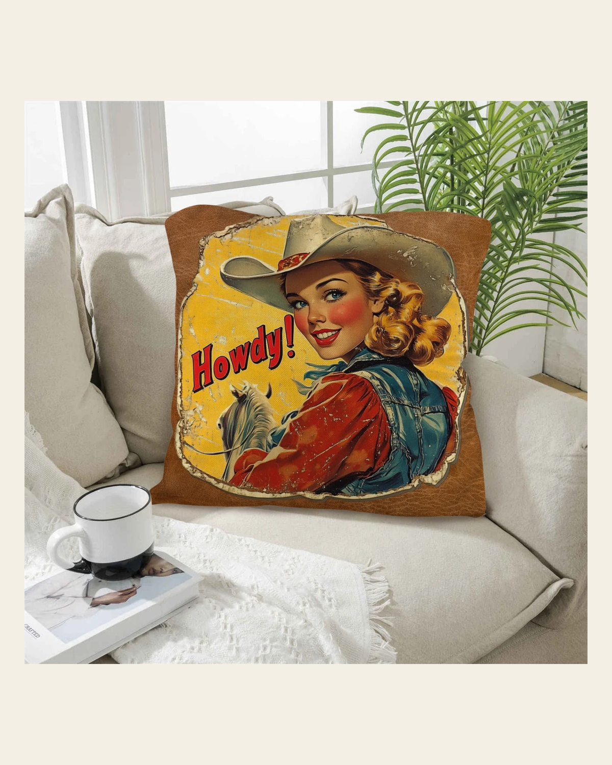 Baha Ranch Vintage Cowgirl Howdy Throw Pillow 18 x 18 Made in America on a warm cream background