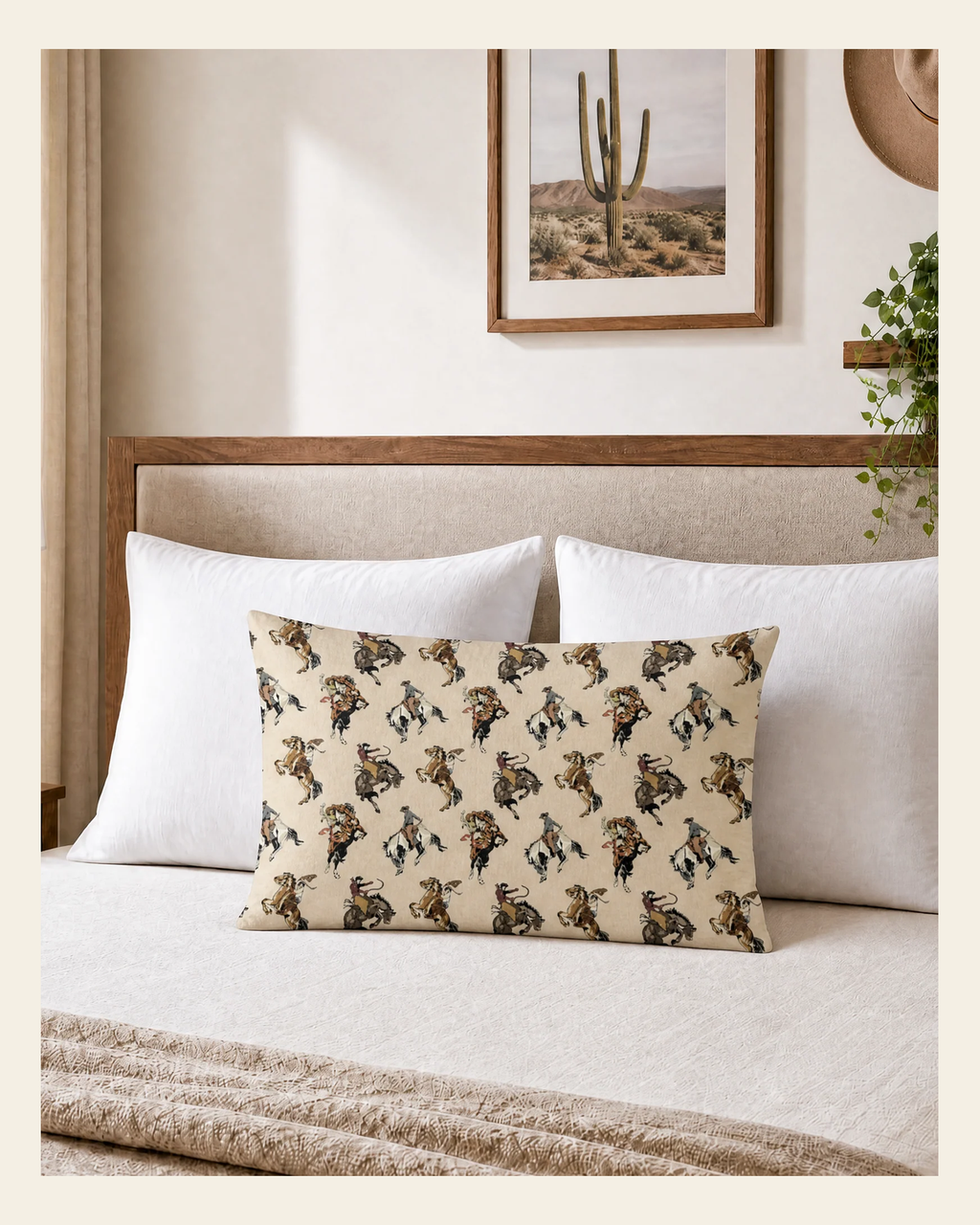 Baha Ranch Vintage Cowgirl Pillow Case Made in America on a warm cream background