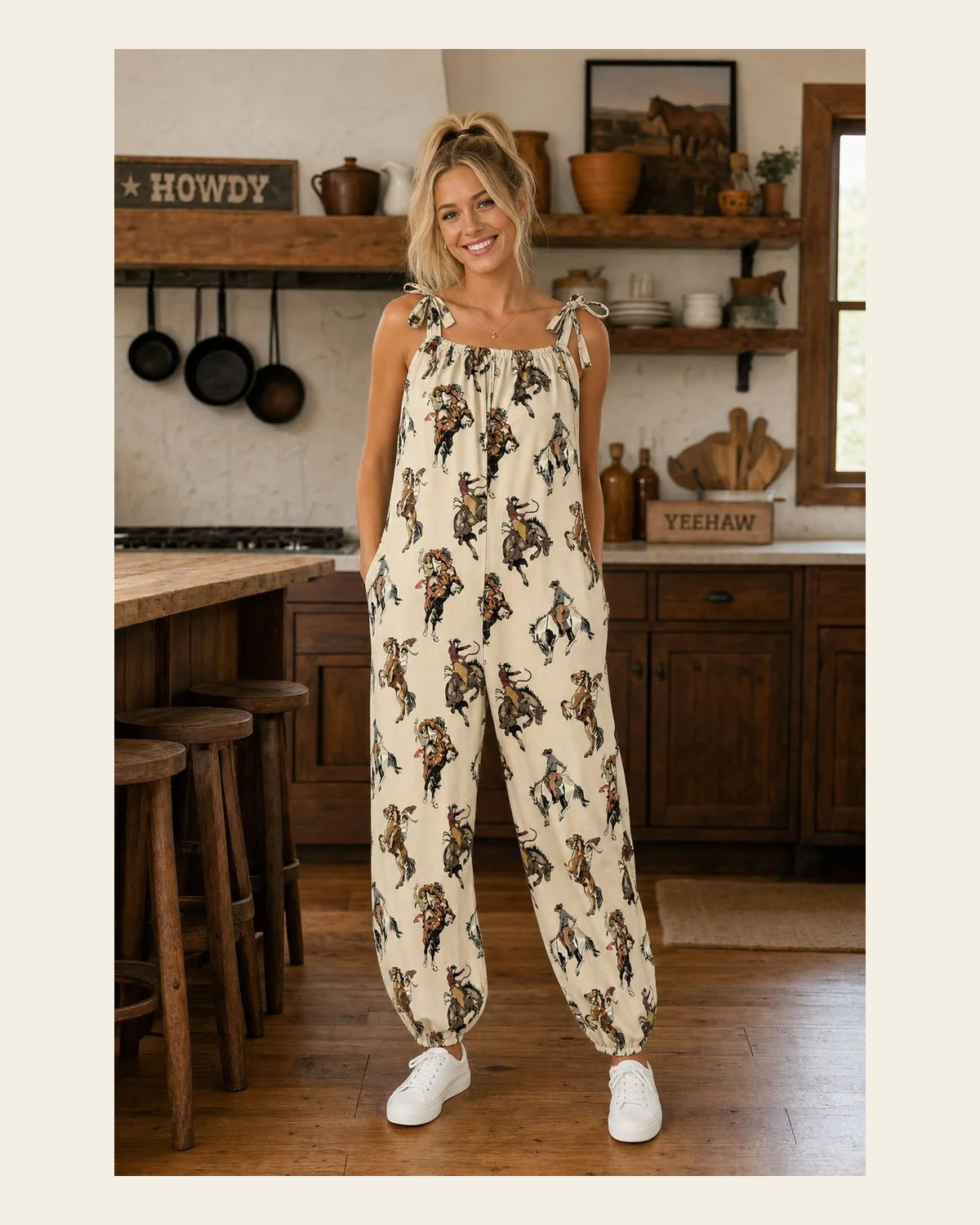 Baha Ranch Vintage Cowgirl Relaxed Fit Overalls Jumpsuit on a warm cream background