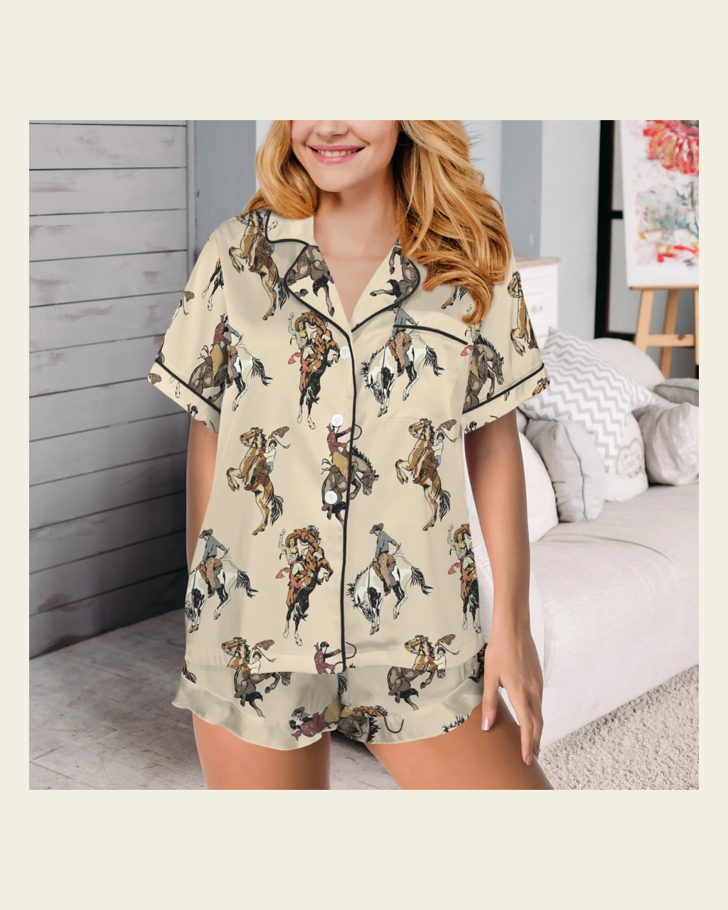 Baha Ranch Vintage Cowgirl Satin Ruffle Western Pajama Set on a warm cream background