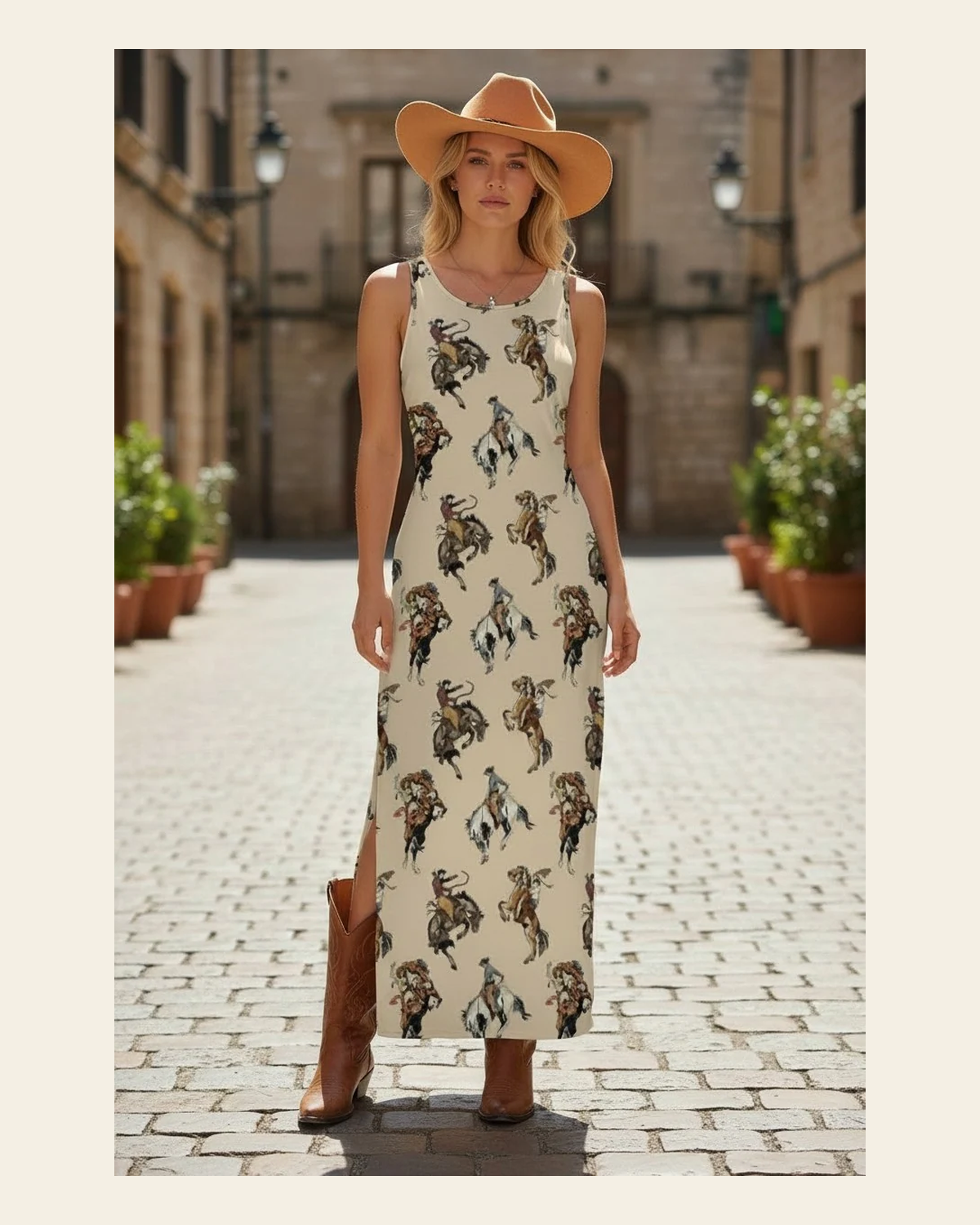 Baha Ranch Vintage Cowgirl Sleeveless Bodycon Side Slit Long Maxi Dress on a warm cream background