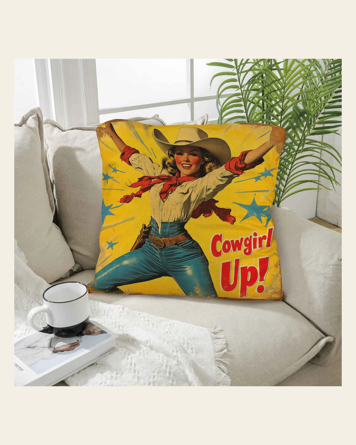 Baha Ranch Vintage Cowgirl Up Throw Pillow Case 18 x 18 Made in America on a warm cream background