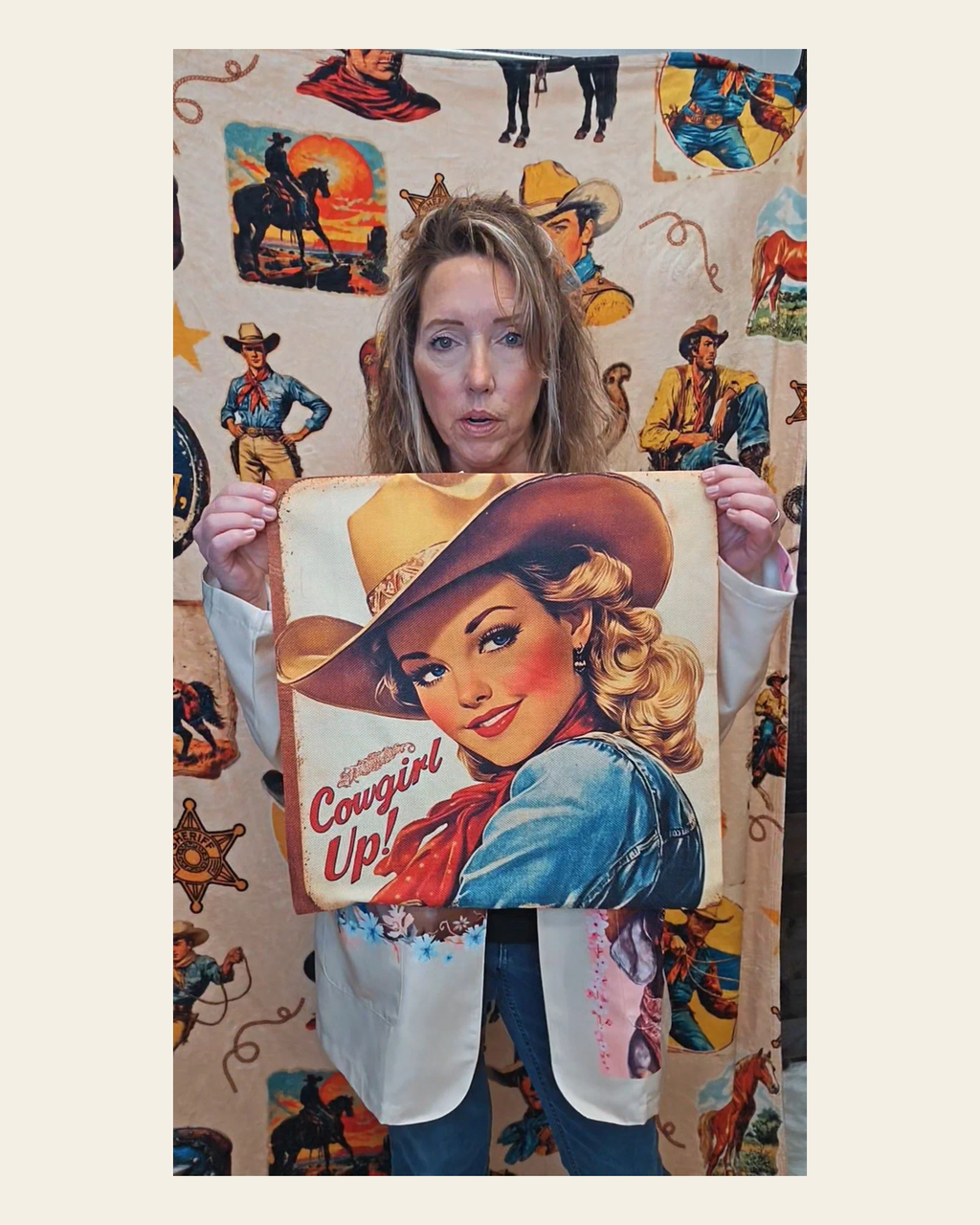 Baha Ranch Vintage Cowgirl Up Throw Pillow Case 18 x 18 Made in America on a warm cream background