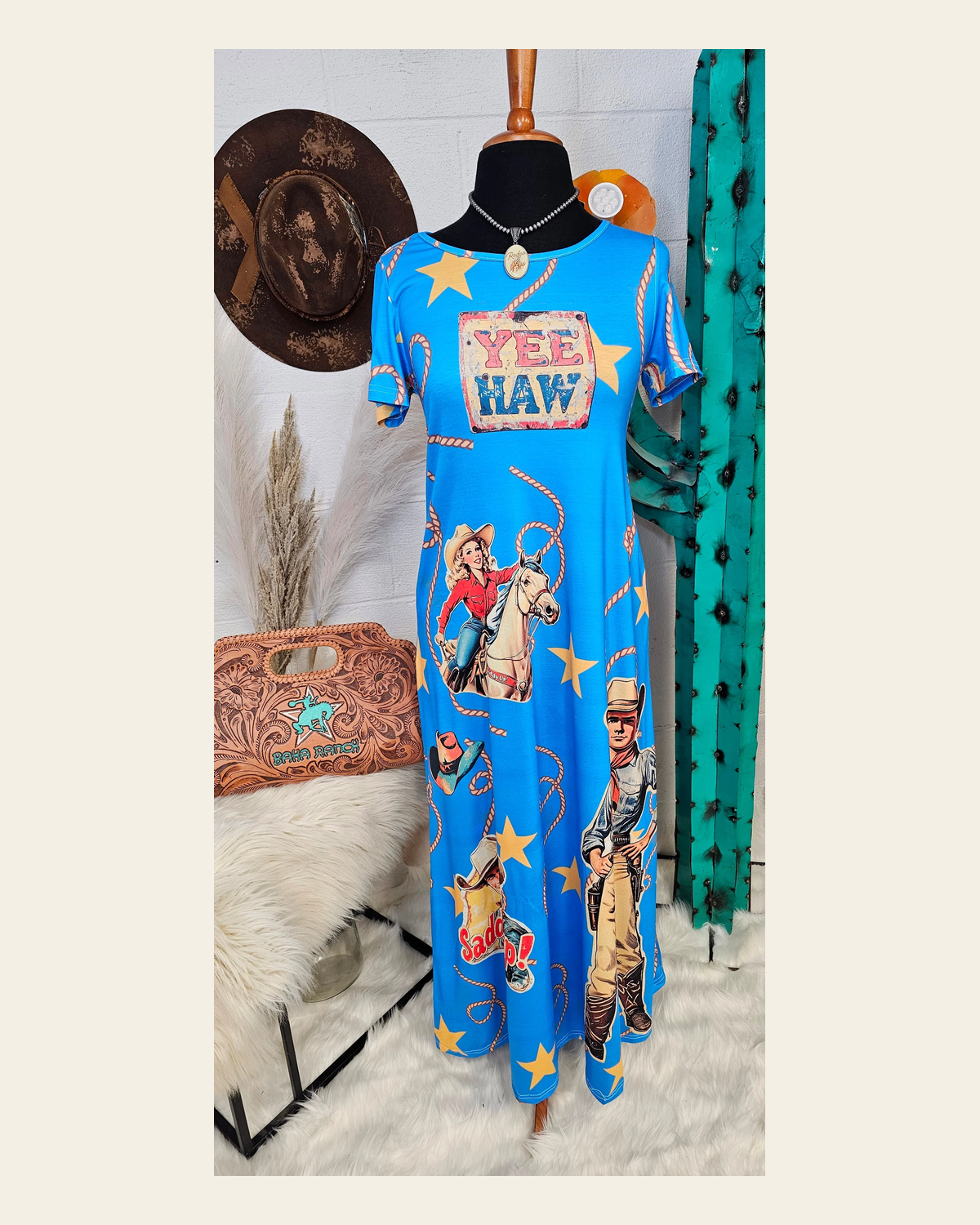Baha Ranch Vintage Cowgirl Western Dress on a warm cream background