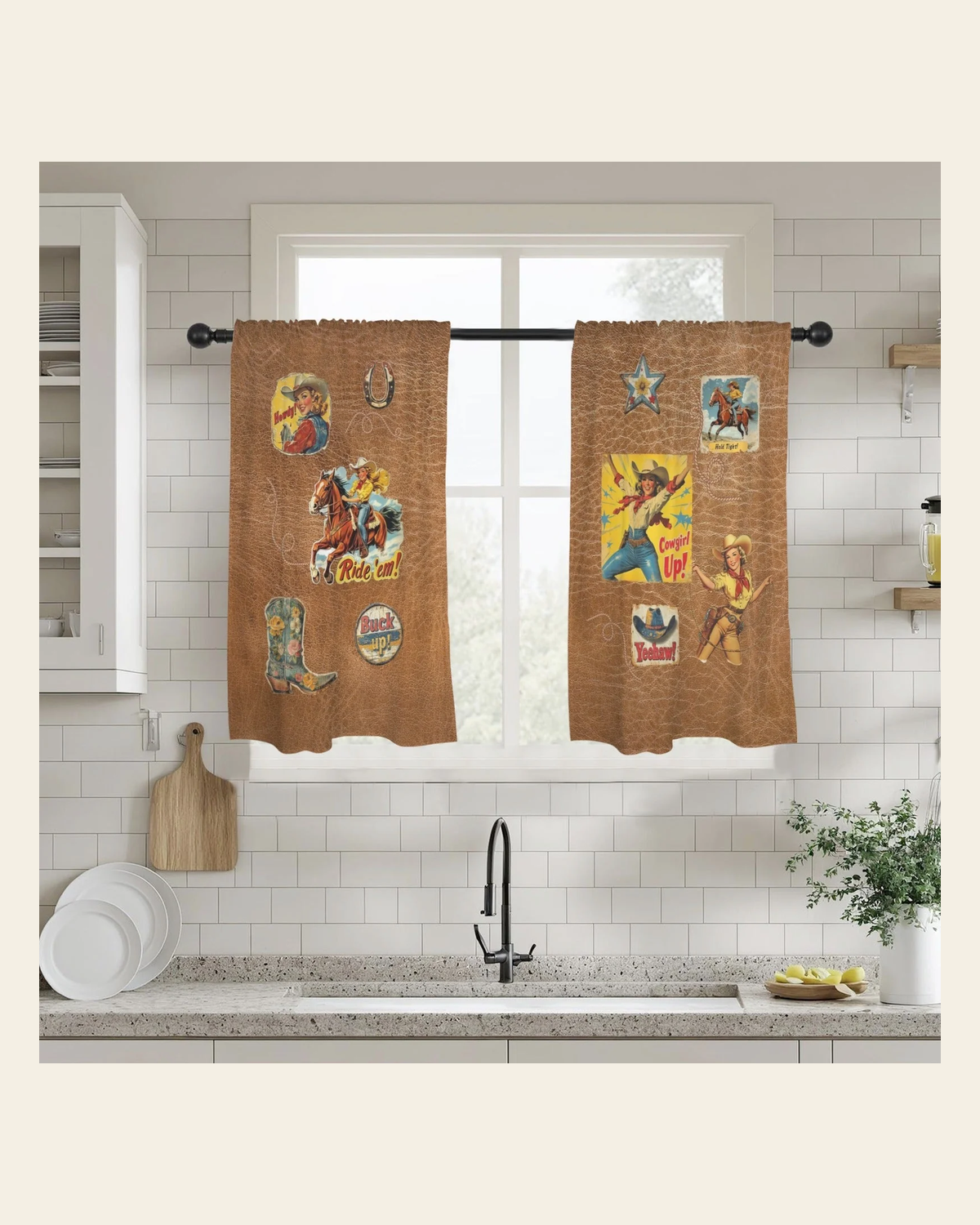 Baha Ranch Vintage Cowgirl Window Curtains 28"x40" (2-Piece) Made in America on a warm cream background