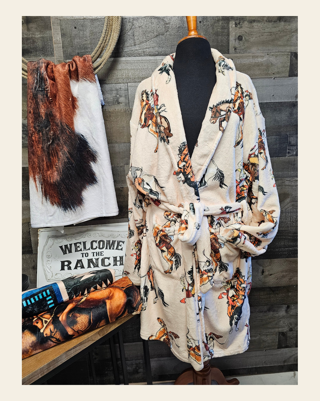 Baha Ranch Vintage Cowgirl Women's Bath Robe on a warm cream background